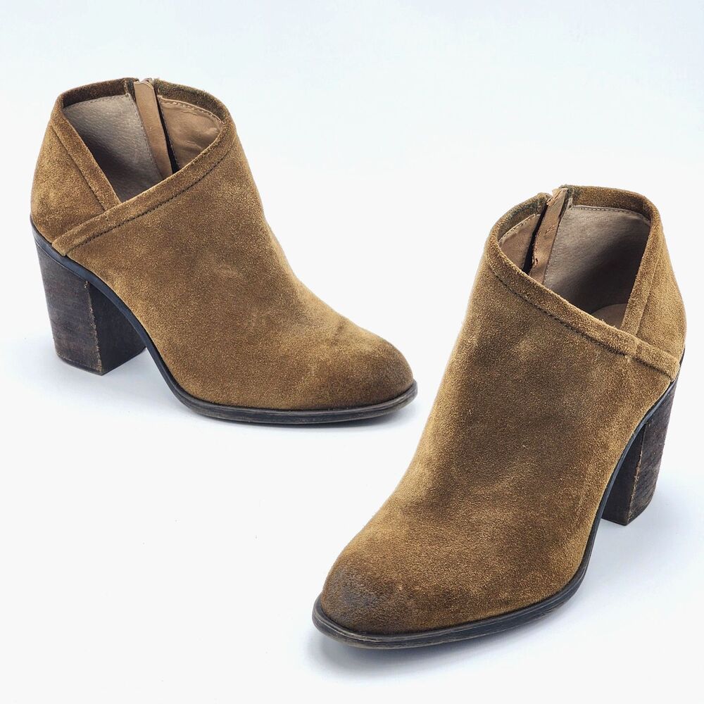 Lucky Brand Salza Asymmetrical Suede Leather Heeled Ankle Booties Brown Size 9